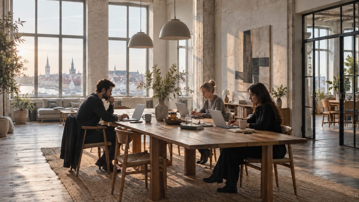 AI-generated image: a small team works at a long wooden table in morning light.
