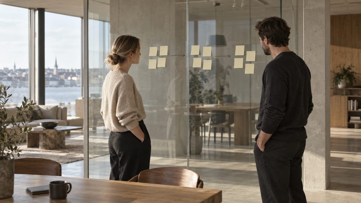 AI-generated image: two colleagues discuss a workflow arranged on a glass wall.