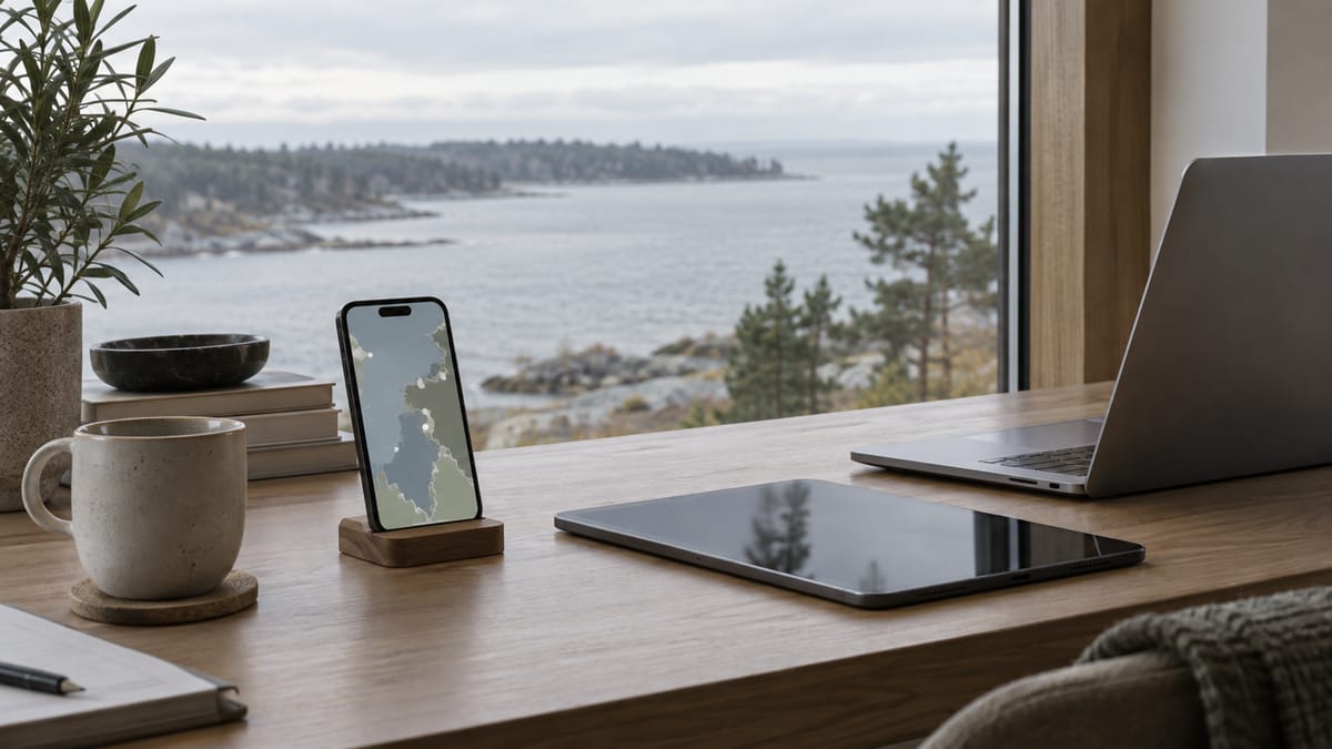 Tehisintellektiga loodud pilt: kaardivaatega telefon, tahvelarvuti ja sülearvuti mereäärse akna all.