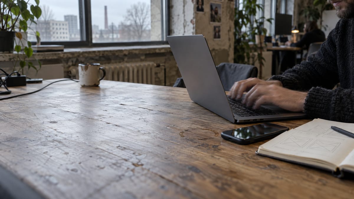 AI-generated image: a developer's hands on a laptop at a worn oak desk, with a phone and a sketchbook beside it and grey Tallinn through the window.