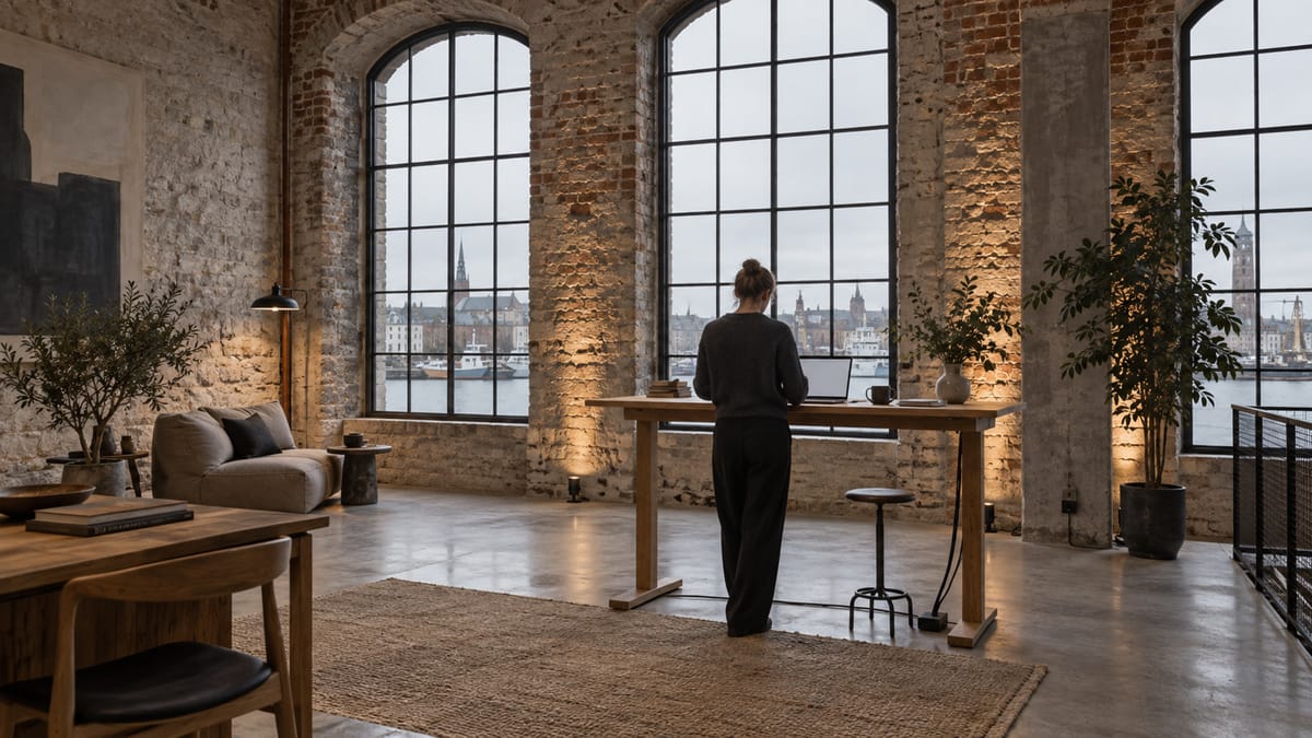 AI-generated image: a developer works at a standing desk in a spacious limestone office.