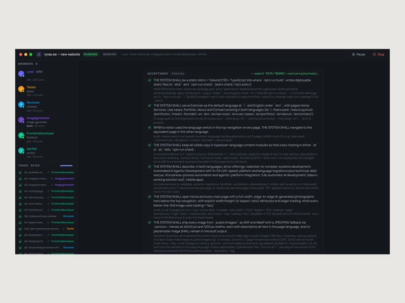 Actual AI Agentic Platform team room: agent roles, tasks and acceptance criteria.