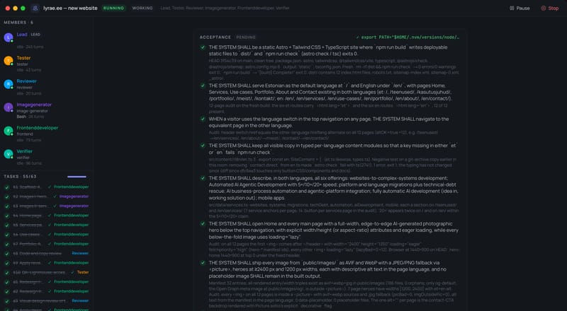 Actual AI Agentic Platform team room: agent roles, tasks and acceptance criteria.