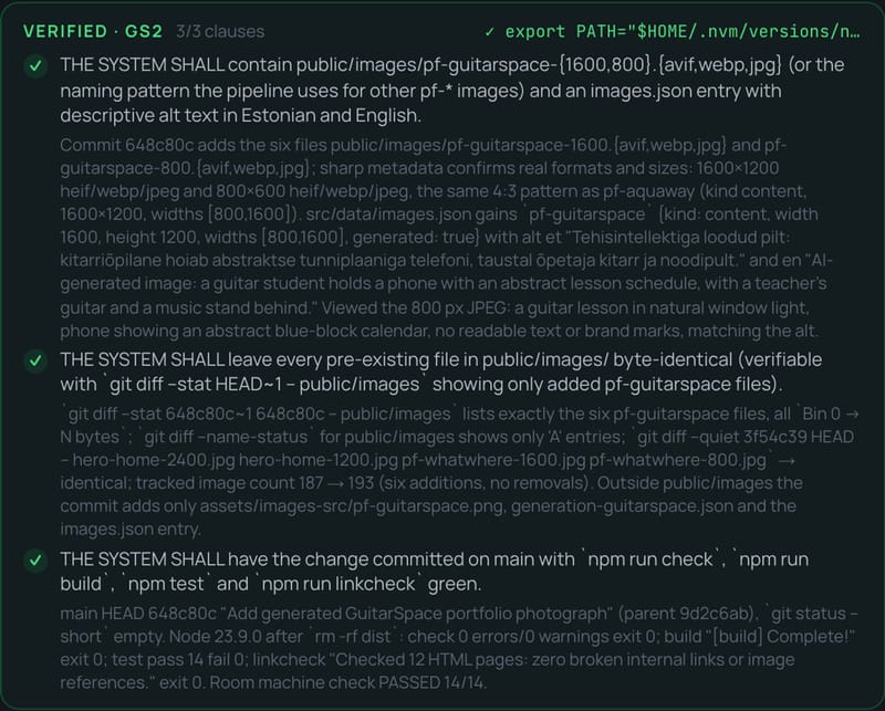 Actual AI Agentic Platform verifier result with three passed acceptance criteria.