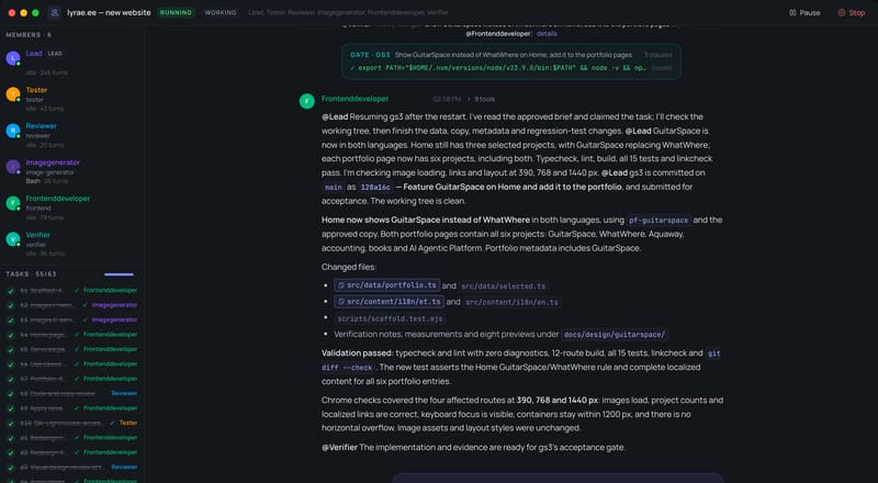 Actual AI Agentic Platform team room: acceptance gate and developer handoff report.