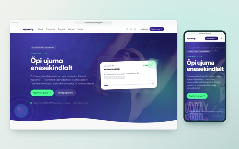Aquaway self-service platform homepage on desktop and mobile.