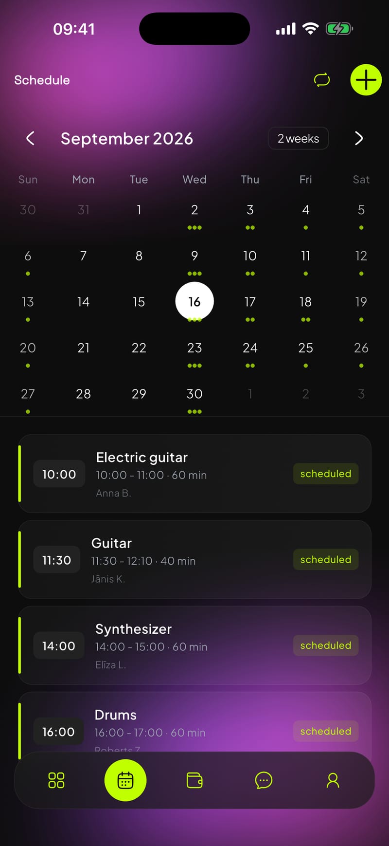 Actual GuitarSpace store screenshot: lesson calendar with fictional demo students.