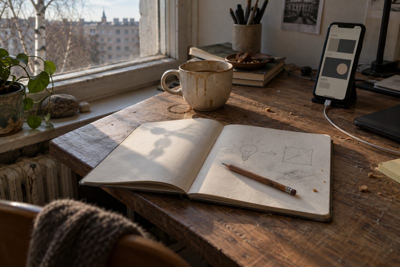 AI-generated image: a notebook sketch of a light bulb and an arrow toward a box, beside a phone with an illustrative app layout, in afternoon window light.