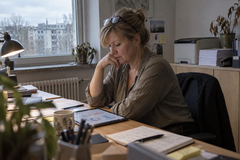 AI-generated image: a business owner in a small office reviews results on a tablet, with an unused printer and a stack of paper beside her.