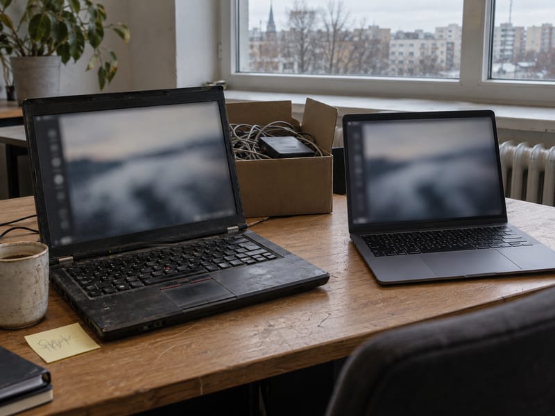 AI-generated image: a worn old laptop and a new slim laptop side by side on a desk, with a cardboard box of cables behind them.