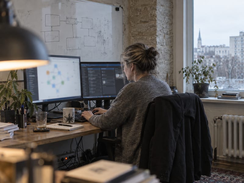 AI-generated image: a developer works at two monitors in a limestone-walled office with a system sketch on the whiteboard behind.