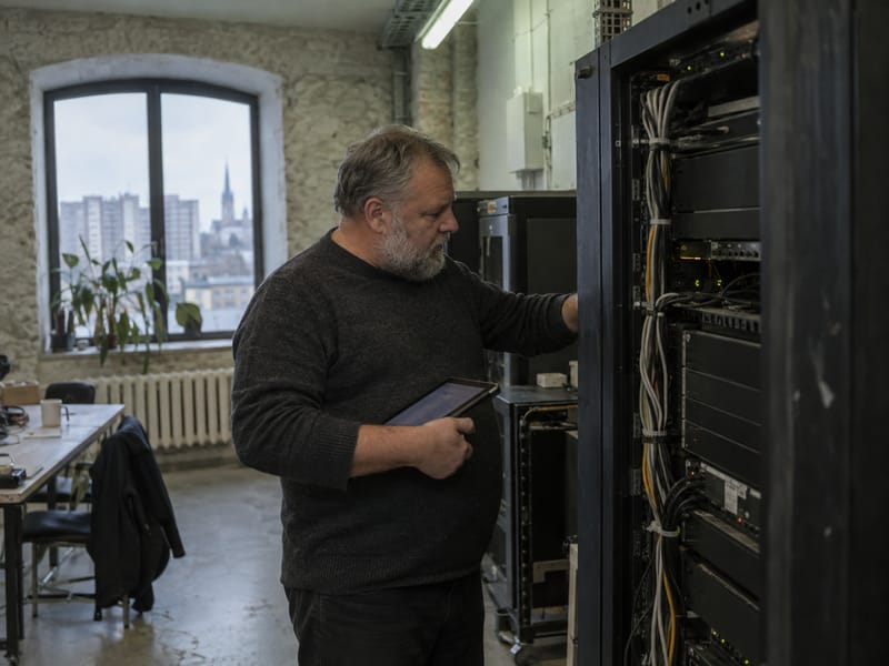 AI-generated image: an engineer inspects a server cabinet in an old limestone hall, a tablet resting on one forearm.