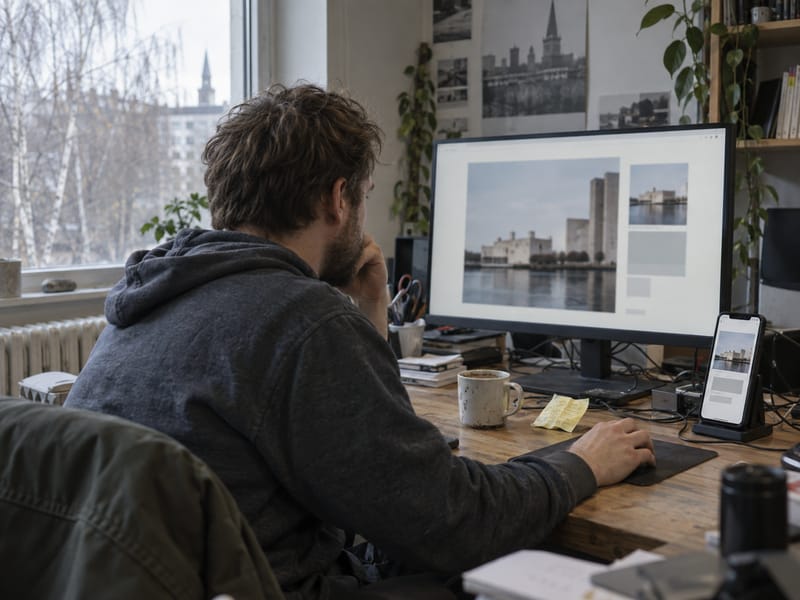 AI-generated image: a designer in an office reviews a website layout on a large screen and on a phone in a stand.