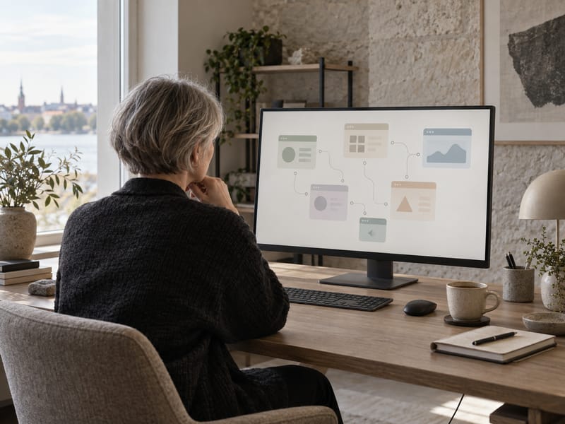 AI-generated image: a person oversees a network of connected application windows on a large monitor.