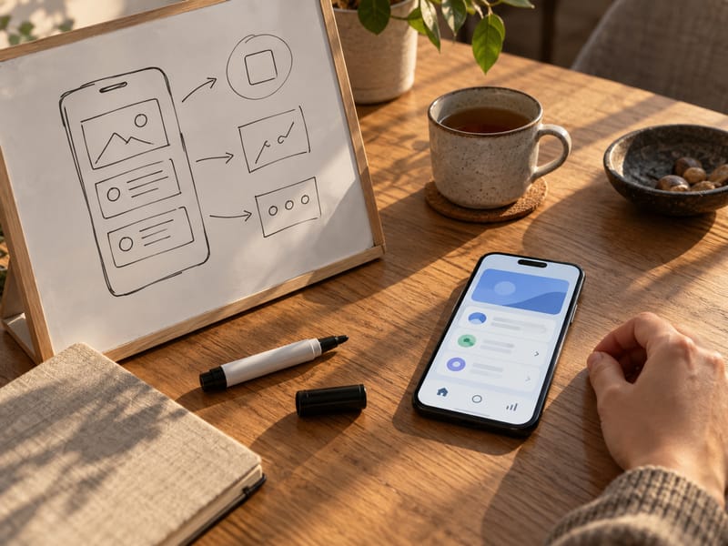 AI-generated image: a whiteboard sketch of an app idea and a phone showing the finished app on the same table in afternoon light.