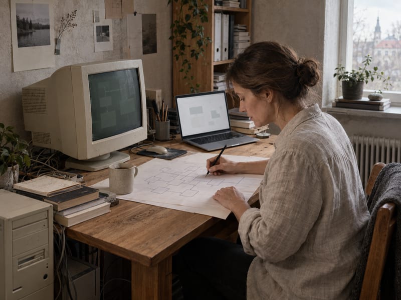 AI-generated image: a developer sketches a legacy system map on paper beside an old beige computer, a CRT monitor and a modern laptop.