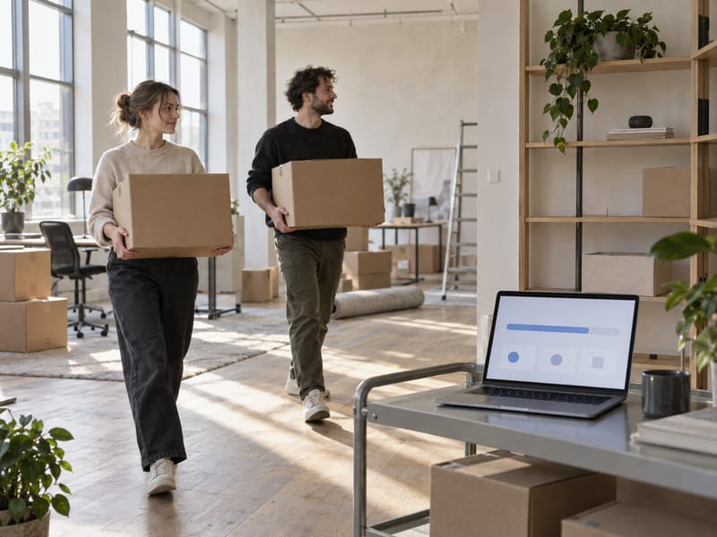 AI-generated image: two colleagues carry boxes into a bright new office while a laptop on a trolley shows a progress bar.