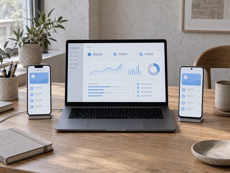 AI-generated image: a laptop shows a backend dashboard, flanked by two different phones running the same app.
