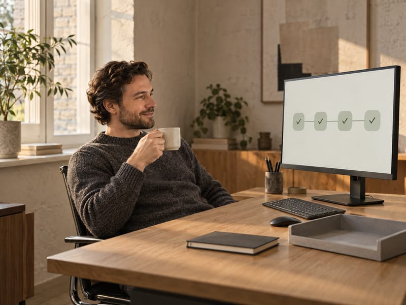 AI-generated image: a relaxed worker with a coffee looks at a monitor showing a simple automated workflow, with an empty paper tray on the desk.